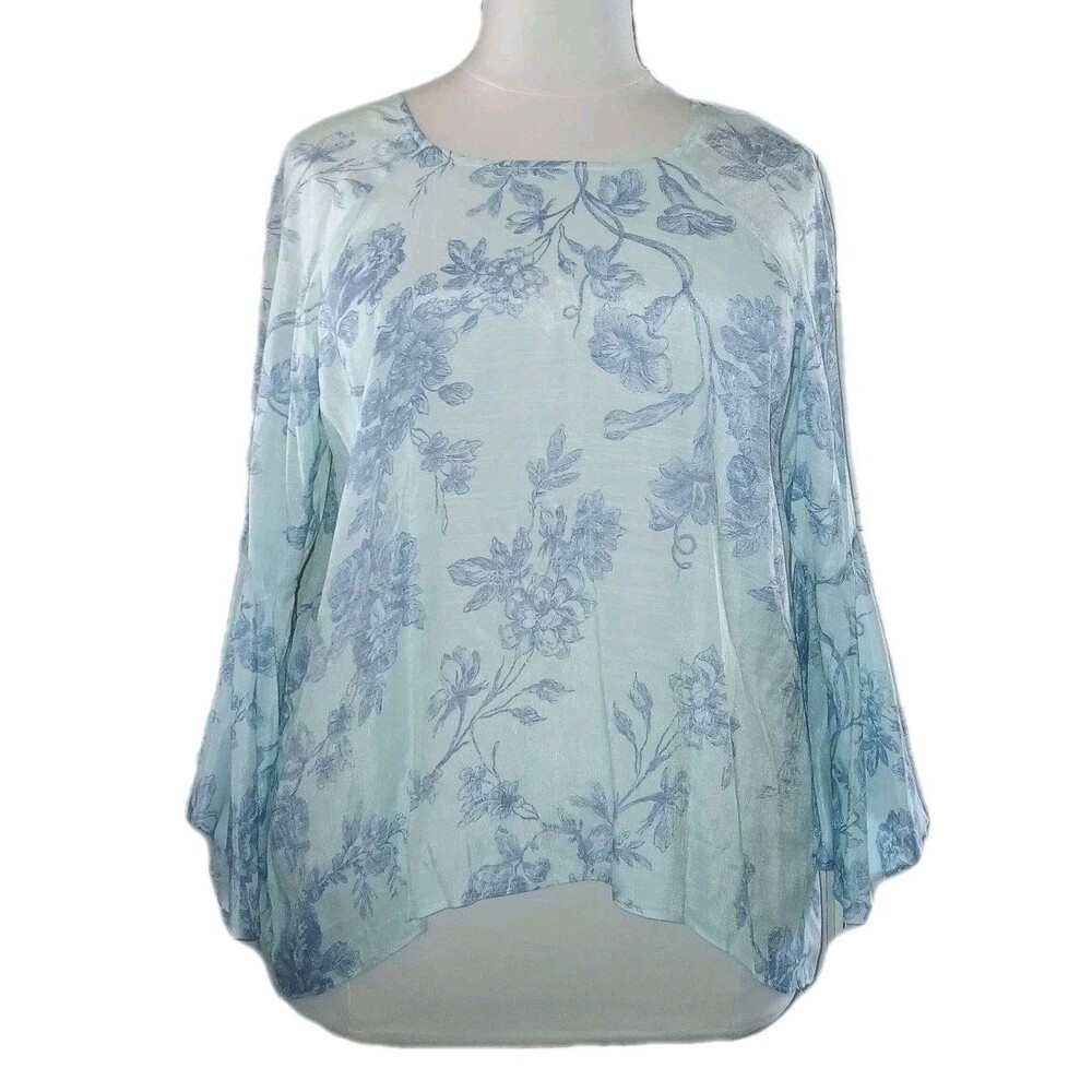 LC LAUREN CONRAD Womens XXL Boho Floral Bell Slv Open Back Design Green Blue Top - Picture 5 of 12